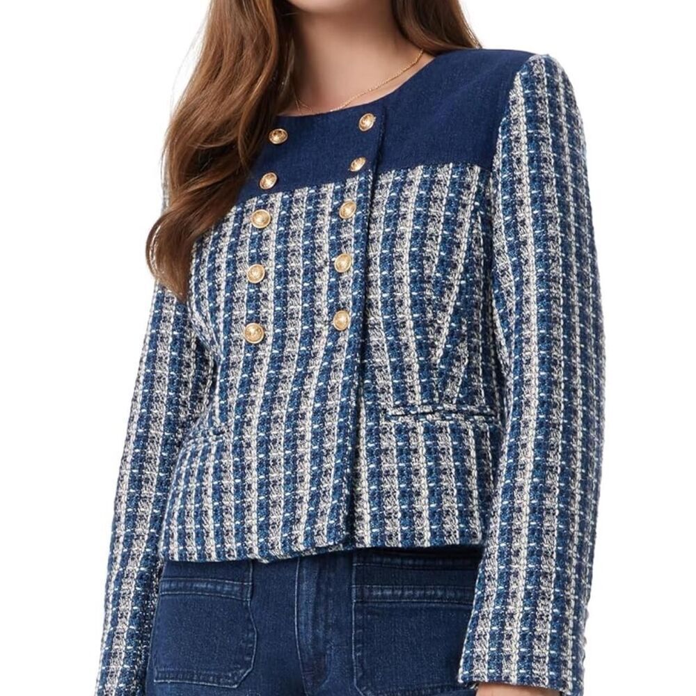 Sam Edelman NEW Preppy Tweed & Denim Cropped Gold Buttons Power Blazer XL Office